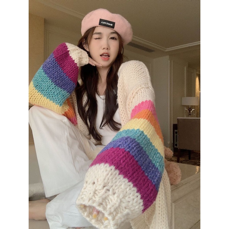 Thiết kế áo len top soft waxy rainbow mid-length phong cách lười biếng màu tương phản phụ nữ thu đông niche phong cách mới cardigan w5rq