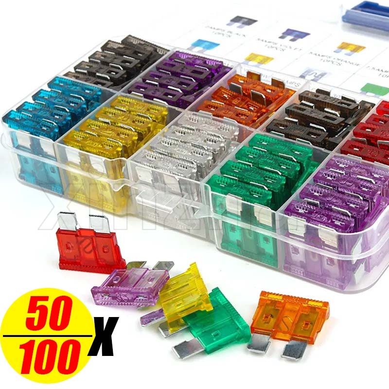 Bộ cầu chì ô tô 50/100 cái có hộp / kẹp cầu chì kẽm tiêu chuẩn / phụ kiện thuyền xe tải / bộ cầu chì kích thước trung bình / 2/3/5 / 7,5 / 10/15/25/30 / 35a cầu chì loại lưỡi
