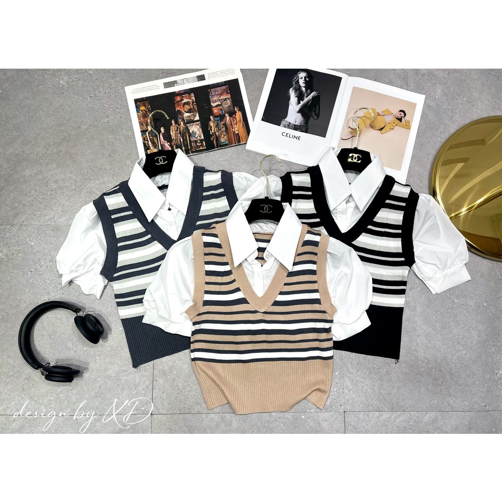 Áo len sọc pha sơ mi lên phom hách tuổi phong cách HQ hàng QC