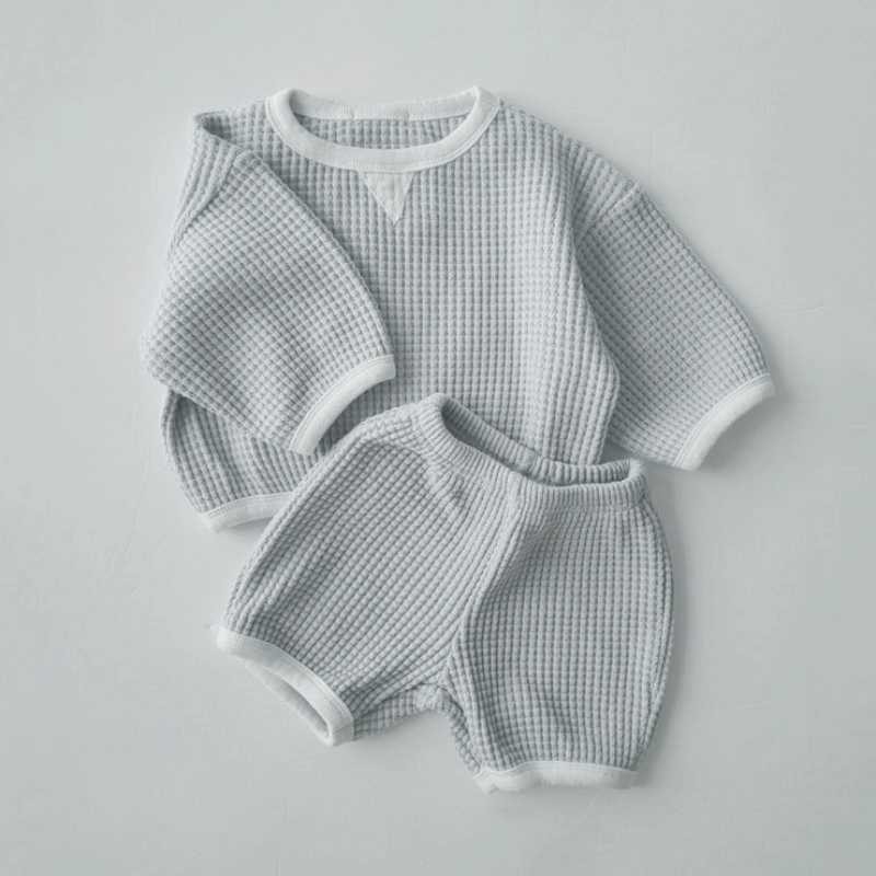 2 cái bé trai và bé gái phong cách hàn quốc thoải mái waffle cotton dài tay áo + quần short set thu hè