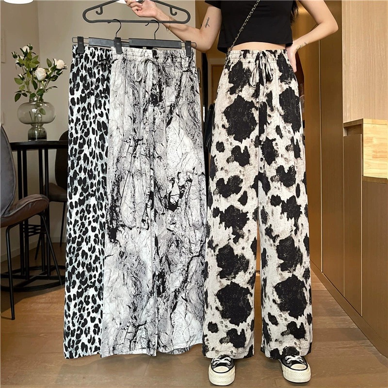 Ice silk ink painting wide-leg pants phụ nữ phong cách mùa hè thun cao thắt lưng xếp nếp giản dị voan rộng-leg quần phụ nữ