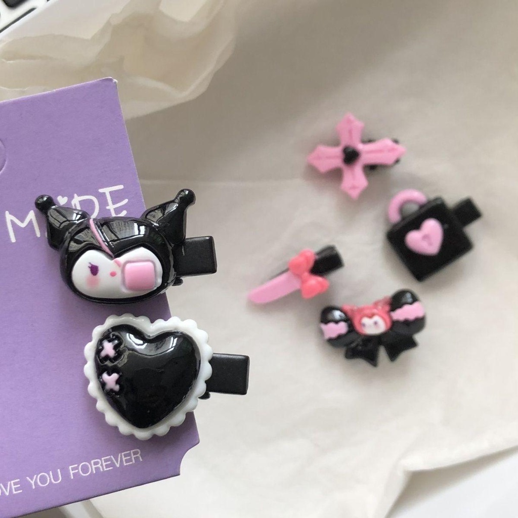 Bộ kẹp tóc kuromi màu hồng đen dễ thương ins sweet cool girl nhật bản phụ kiện tóc hoạt hình nhỏ