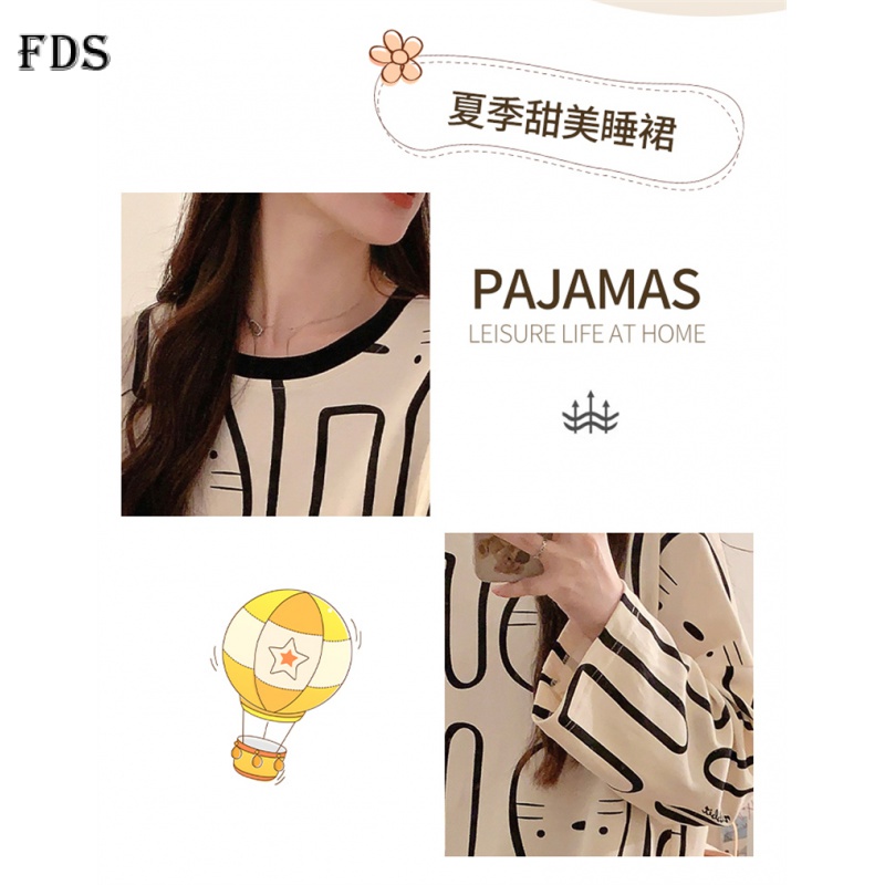 Đầm ngủ mặc nhà FDS tay dài mềm mại thoải mái họa tiết thỏ dễ thương thời trang thu đông ngọt ngào cho nữ