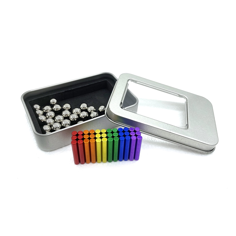 Bộ 36 Que Nam Châm Bạc Kèm Hộp Sắt 27 Viên Bi Nhiều Màu Sắc