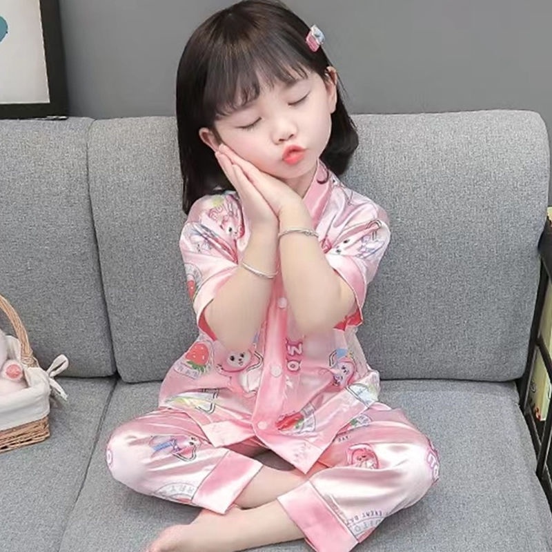 Bộ Đồ Ngủ Bằng Lụa Mát Họa Tiết Hoạt Hình Dễ Thương Dành Cho Bé Gái