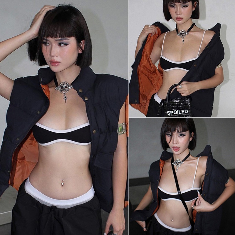 Áo Croptop Sát Nách Hở Lưng Màu Sắc Tương Phản Thời Trang Mùa Hè Cho Nữ