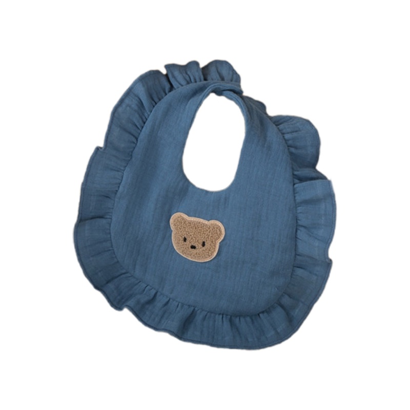 Yếm Ăn Viền Bèo Nhún Thấm Hút Cao Thêu Họa Tiết Chú Gấu Dễ Thương Cho Bé Sơ Sinh