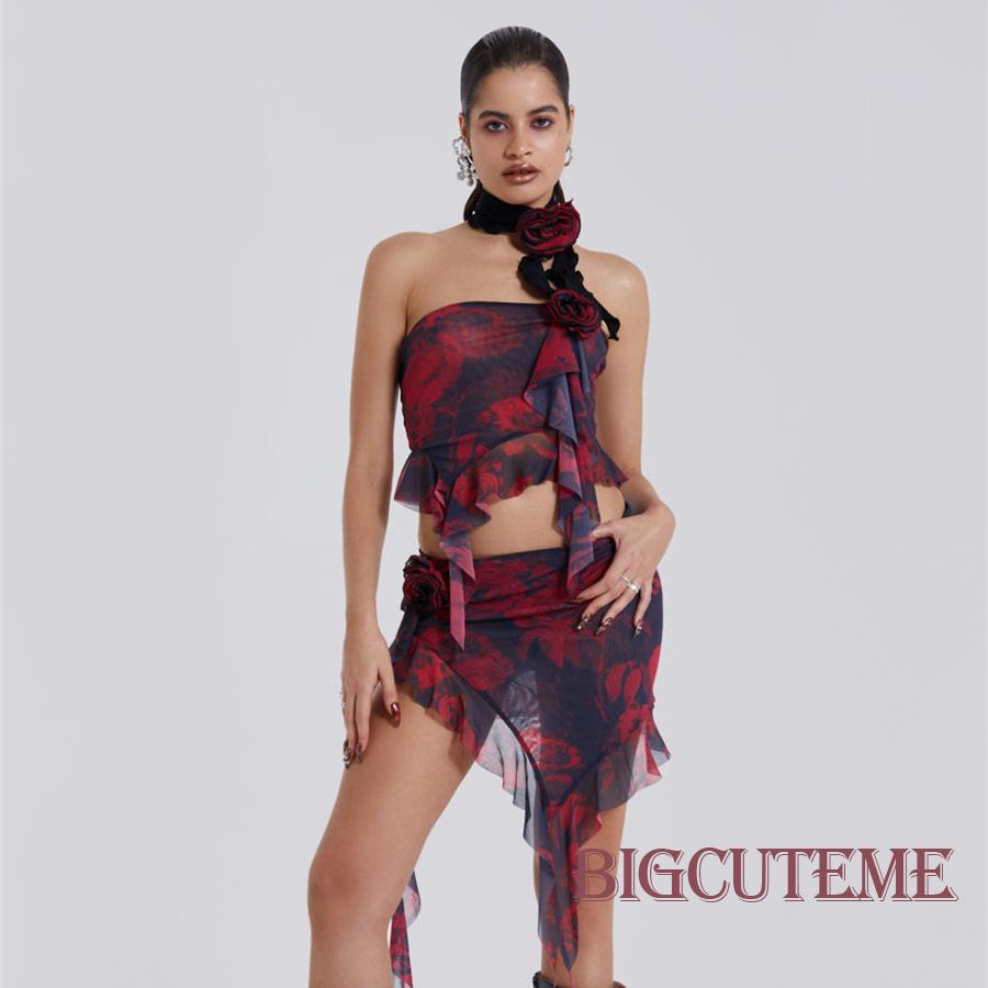 Bộ Trang Phục 2 Mảnh Gồm Áo Trễ Vai Không Tay + Chân Váy Ngắn In Hoa Thời Trang Cho Nữ
