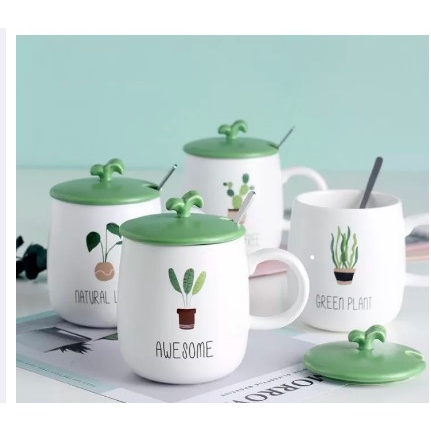 Ly cốc sứ có nắp kèm thìa Siêu Cute, Ly Cốc Sứ Họa Tiết Hình Cây Xanh Đáng Yêu, HÀNG LOẠI ĐẸP CHẤT LƯỢNG CAO 400ml