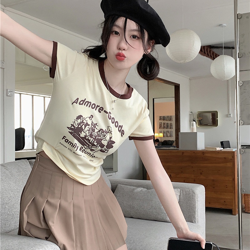 IELGY  Áo Thun Tay Ngắn Cổ Tròn Màu Sắc Tương Phản In Chữ Thời Trang Cho Nữ