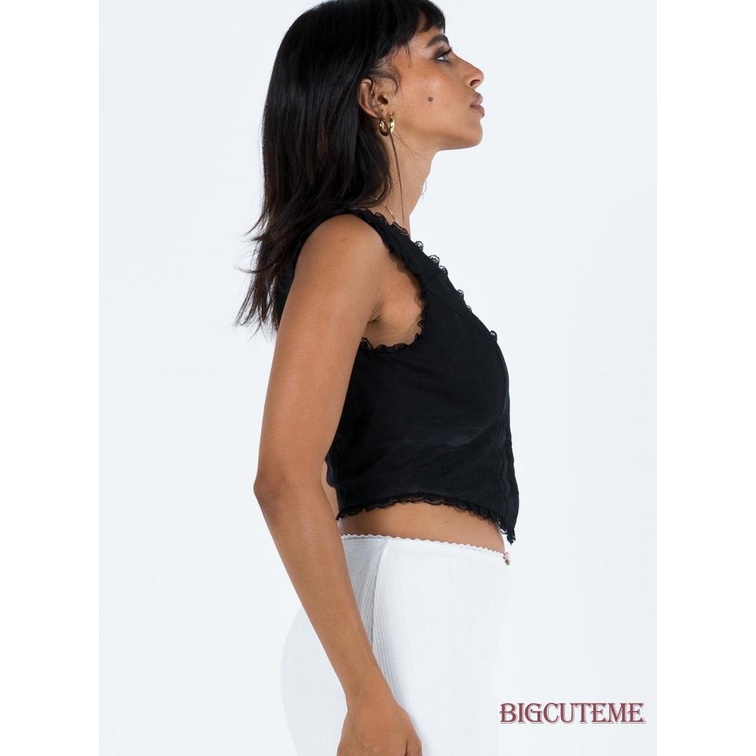 [] Áo Tank Top Không Tay Cổ Chữ V Viền Ren Không Đều Màu Trắng / Đen Cho Nữ