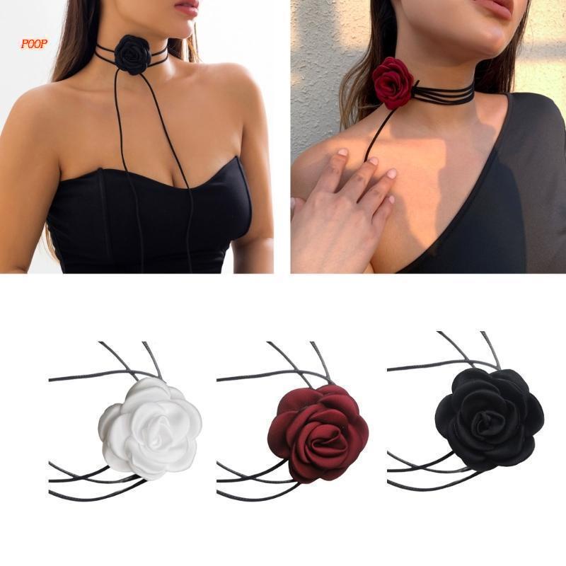 Vòng Cổ Choker Dây Xích Màu Đen Đính Hoa Trà Phong Cách Gothic Thời Trang Cho Nữ