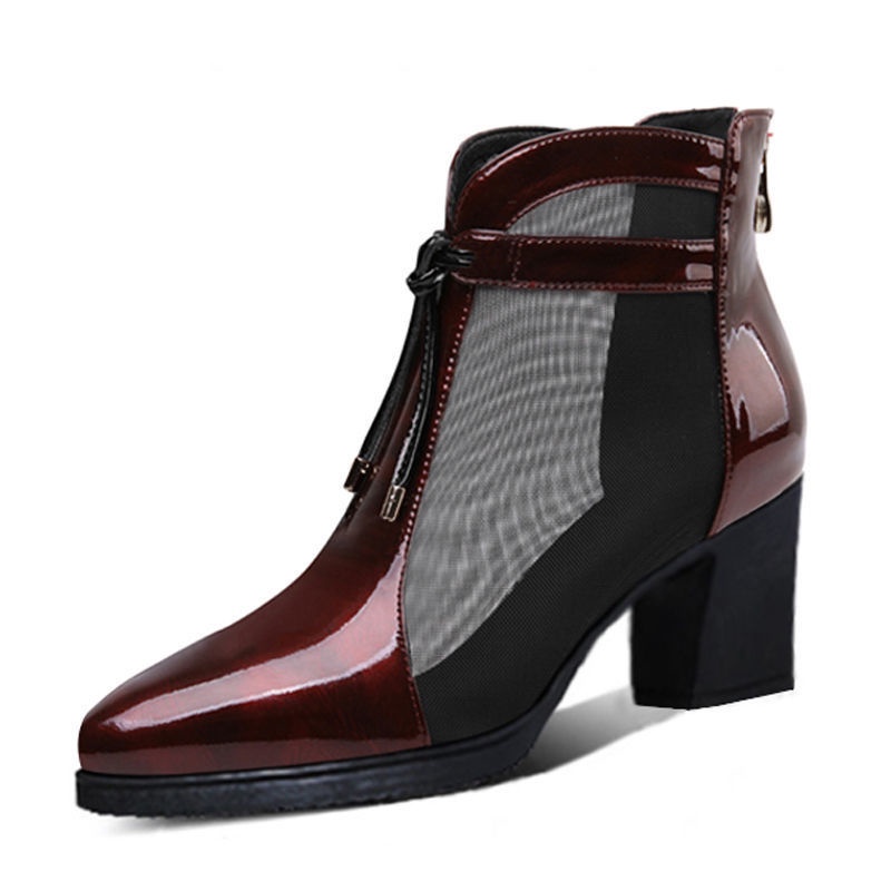 Giày Bốt Da Bóng Gót Dày Phối Lưới Thoáng Khí Thời Trang Xuân Hè 2022