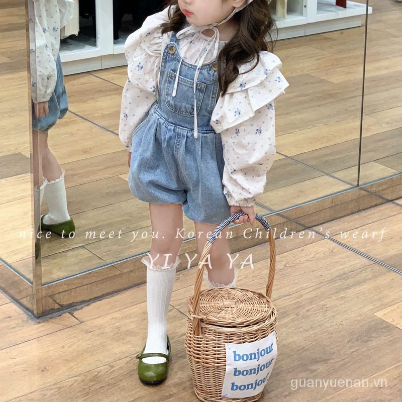 Bộ Đồ Áo Sơ Mi Tay Dài In Hoa + Quần Yếm Denim Thời Trang Hàn Quốc 2023 Mới