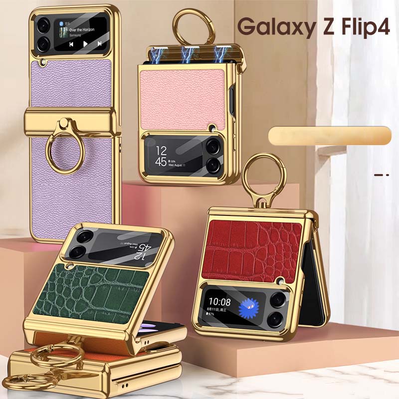 Ốp Điện Thoại Da Cá Sấu Dạng Gập Từ Tính Có Đế Đỡ Vòng Khuyên Cho Samsung Z Flip 4 Flip 3