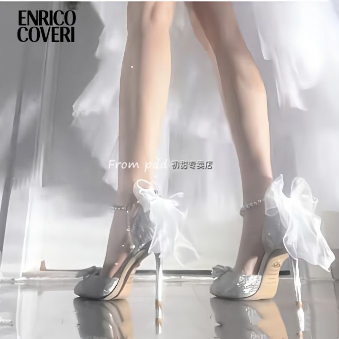 ENRICO COVERI bow Silver Hollow high heels summer women's stiletto 18-year-old wedding dress wedding shoes