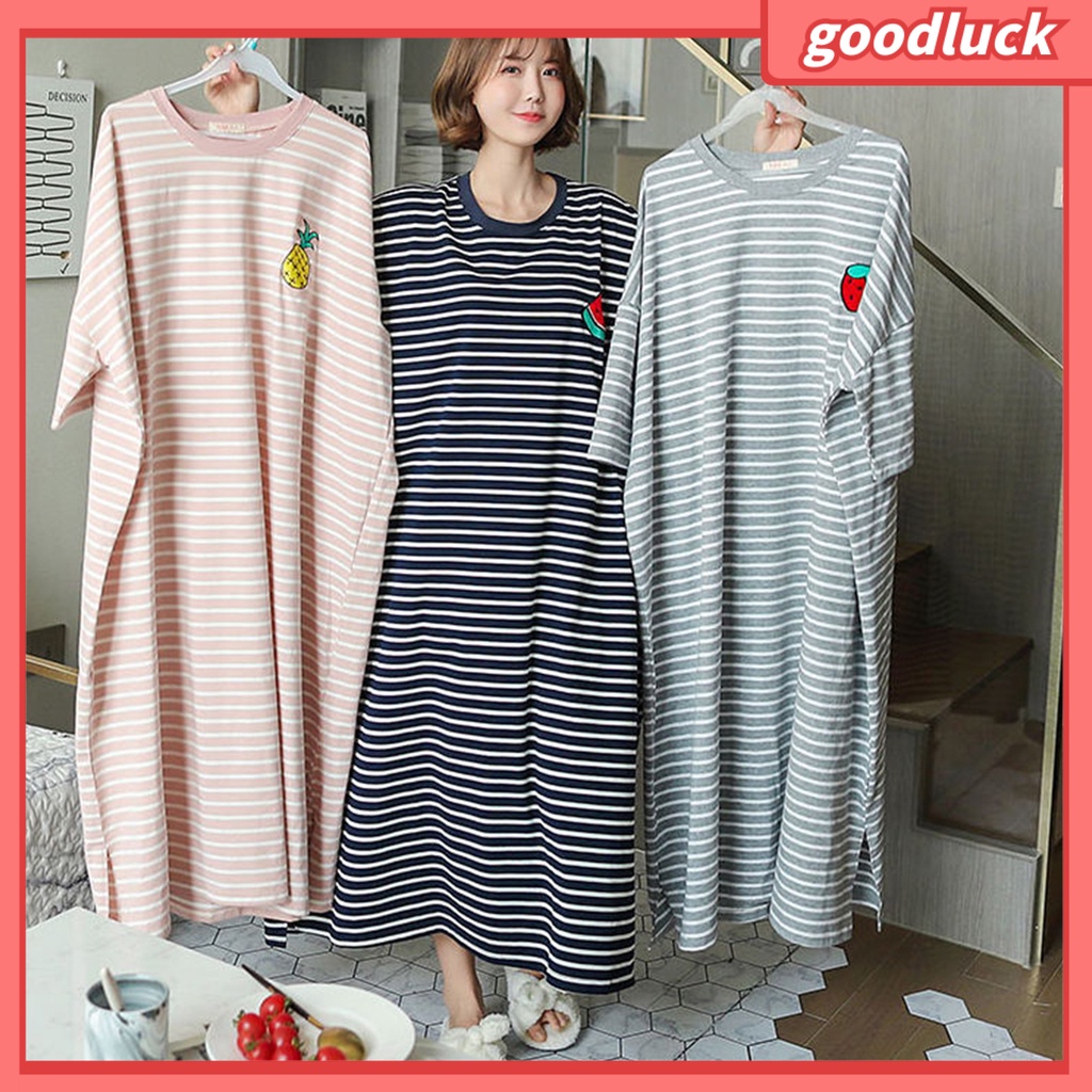 Đầm Ngủ Mùa Hè Dáng Rộng Tay Ngắn Bằng Polyester Mềm Mại Thoải Mái Thoáng Khí In Họa Tiết Sọc Cho Nữ