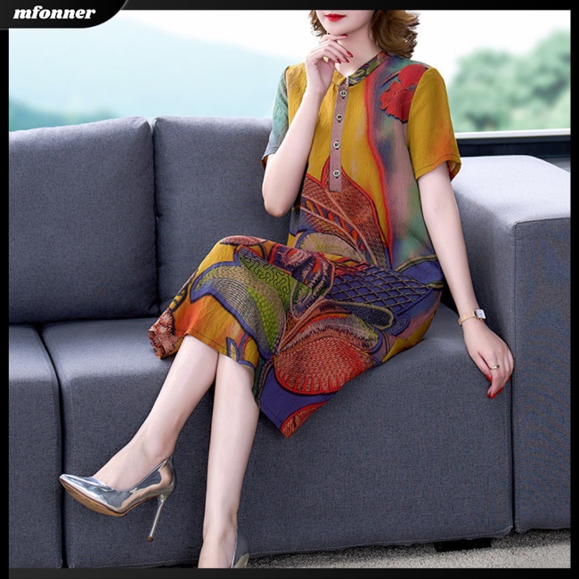 Đầm Midi Chữ A Tay Ngắn Cổ Tròn Dáng Rộng In Họa Tiết Cổ Điển Có Size Lớn Cho Nữ