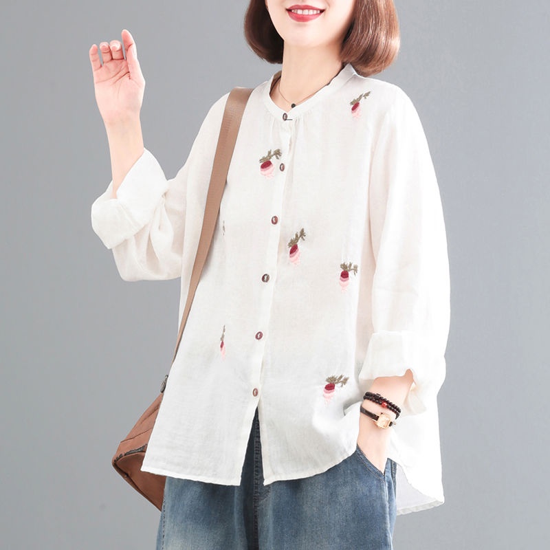 Áo Sơ Mi Cotton Lanh Thêu Họa Tiết Thời Trang Xuân Thu Hàn Quốc Mới 2023