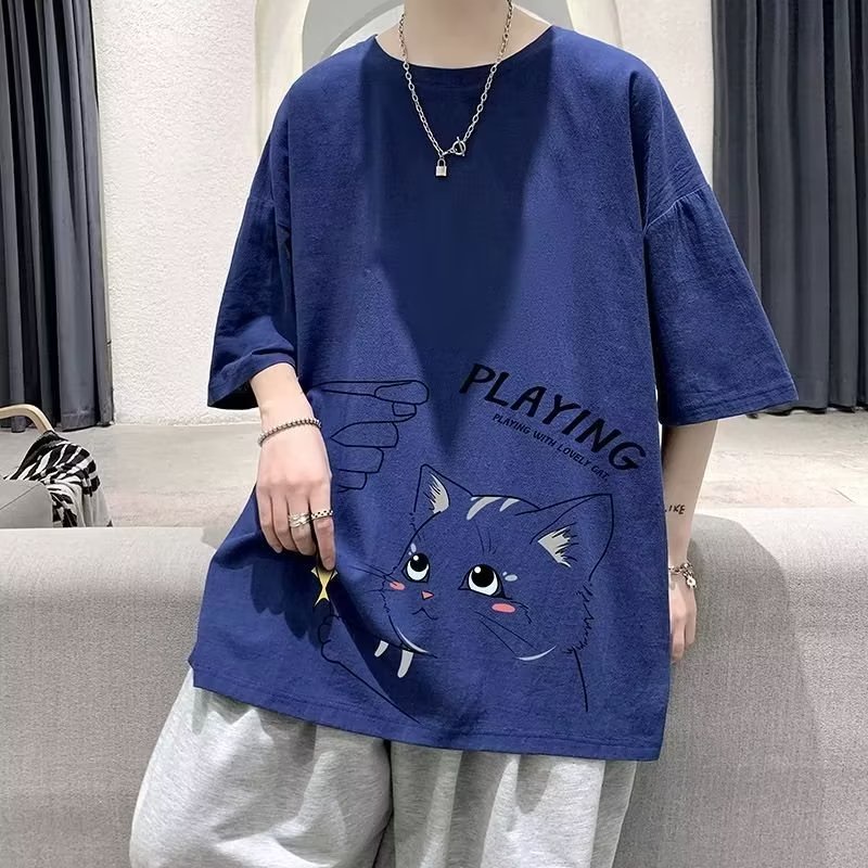 Áo Thun Tay Ngắn Cổ Tròn In Hình Mèo Dễ Thương Phong Cách Hàn Quốc Thời Trang Mùa Hè 4 Màu Lựa Chọn Cho Nam M-8XL