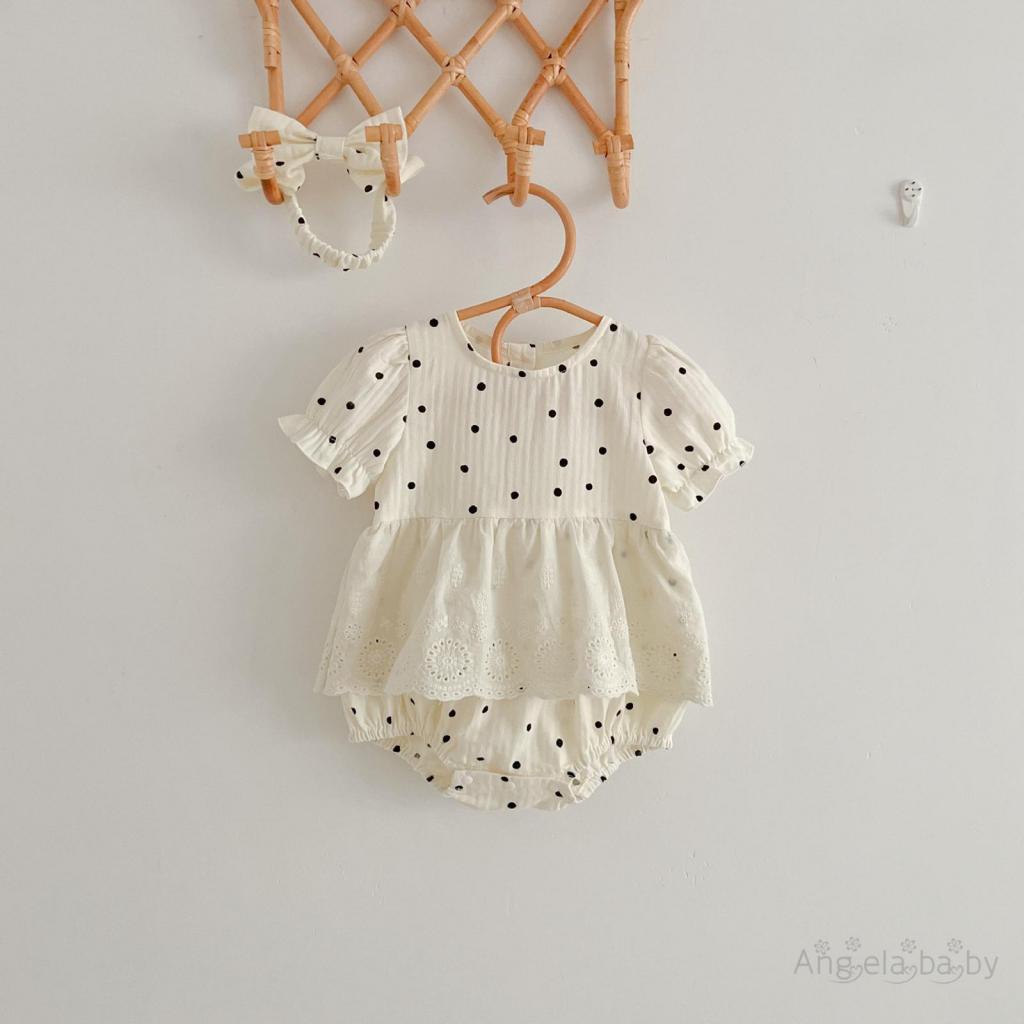 Bộ Áo Liền Quần Cổ Thuyền Tay Ngắn Họa Tiết Chấm Bi Viền Ren Kèm Băng Đô Xinh Xắn Cho Bé Gái