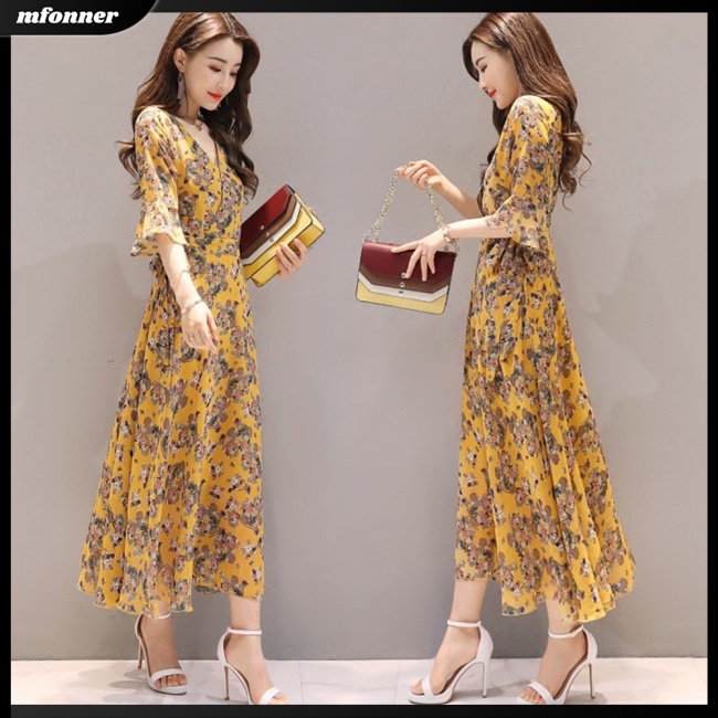 Đầm Dài Tay Loe In Họa Tiết Hoa Trang Nhã Dành Cho Nữ