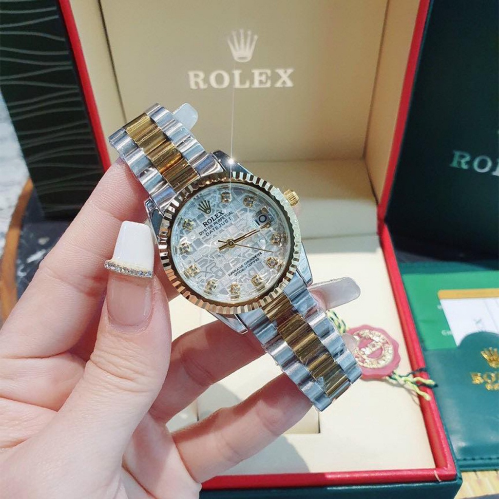 Đồng hồ nữ ROLEX máy nhật mặt viền băm vân size 32mm, dây hợp kim đúc CAO CẤP
