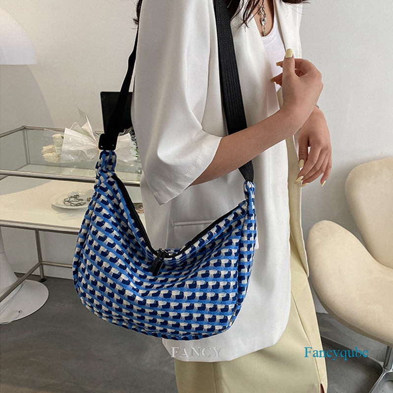 Fancy Túi vải Nhỏ Nhắn Họa Tiết Ca Rô Màu Xanh Dương Phối Dây Xích Đeo Dưới Cánh Tay Cho Nữ