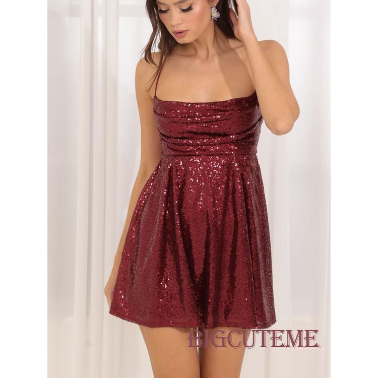 [] - Đầm Hai Dây Mini Hở Lưng Đính Kim Sa Màu Tím / Đỏ / Đen / Xanh Lá Mùa Hè Cho Nữ