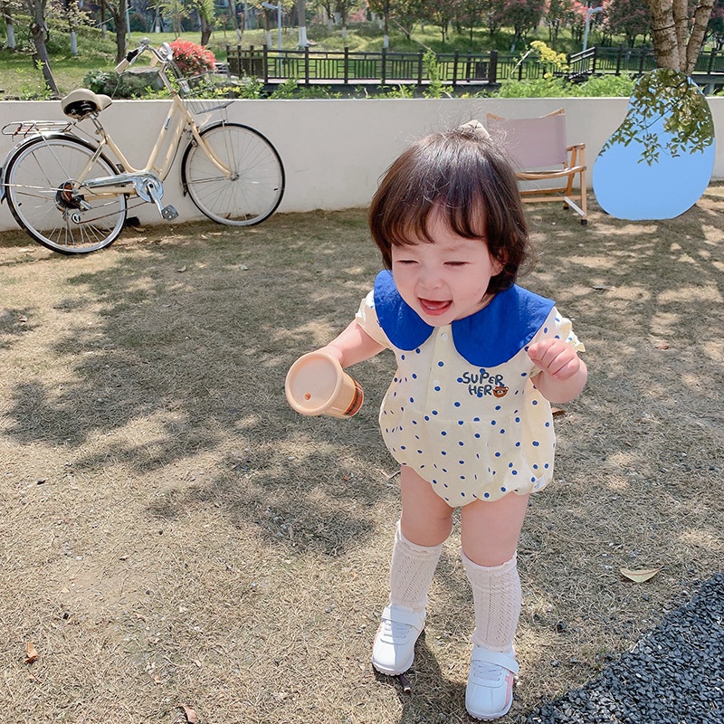 Áo Liền Quần Polo Bằng Cotton Trơn Tay Ngắn Cài Nút Thiết Kế Cà Vạt Phong Cách Hàn Quốc Thời Trang Mùa Hè Mới Cho Bé Trai Và Gái 0-24 Tháng Tuổi