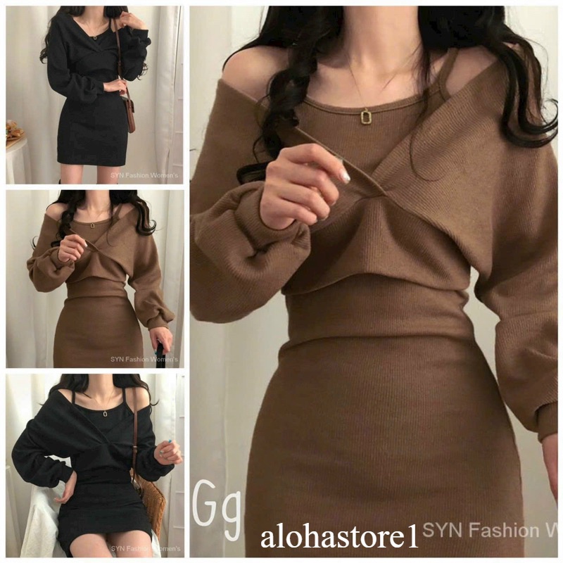 Set đầm ôm thun gân len body cổ yếm kèm áo khoác tay dài, đầm nữ 🌈🌈🌈Mk alohastore1