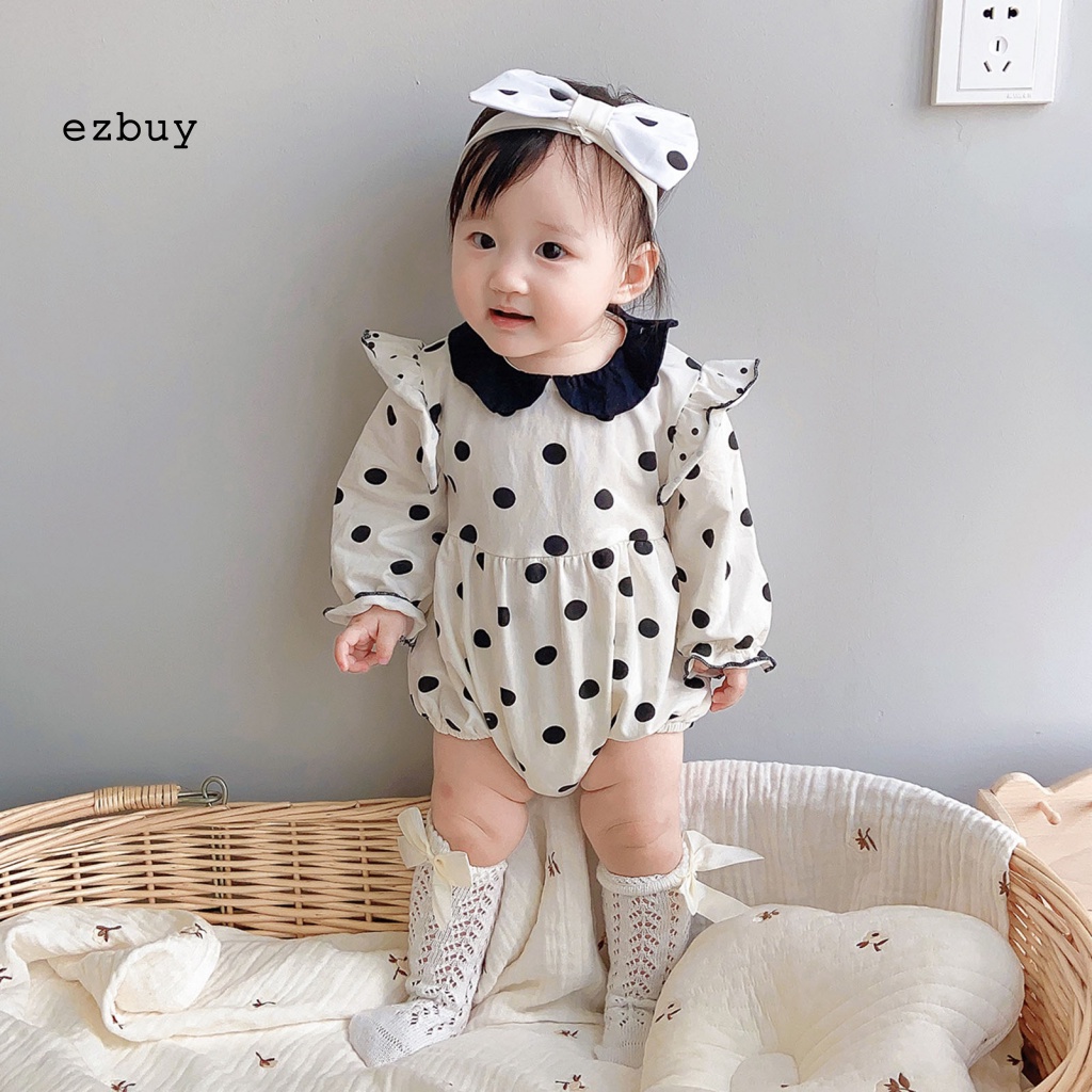 Set 2 Món Áo Liền Quần Bằng Cotton Thân Thiện Với Da In Họa Tiết Chấm Bi + Băng Đô Cài Tóc Cho Bé Gái