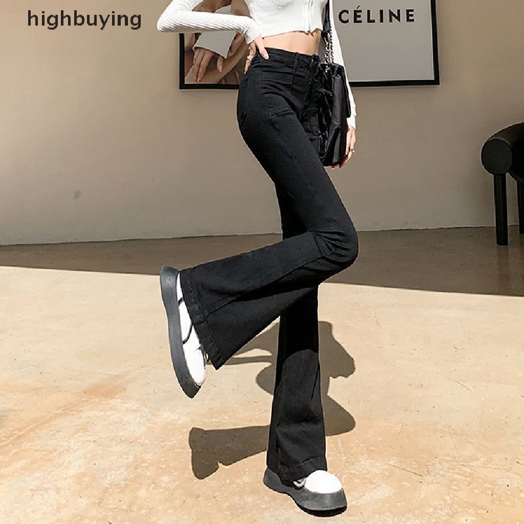 Quần Jean Ống Loe Lưng Cao Màu Trơn Phong Cách Đường Phố Cá Tính Cho Nữ