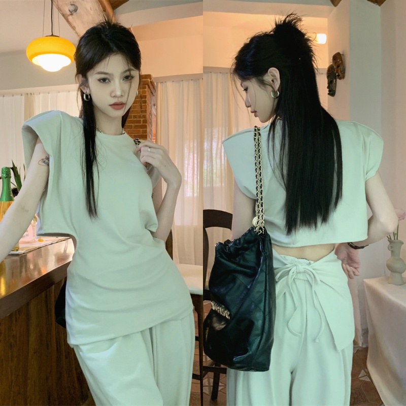 Bộ Áo Thun Tay Bay Hở Lưng + Quần Ống Rộng Màu Trơn Thời Trang Mùa Hè Cho Nữ