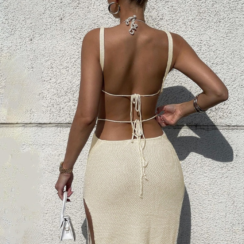 Xiangbao Đầm Midi Dệt Kim Hở Lưng Không Tay Thắt Nơ Thời Trang Mùa Hè Đi Biển Cho Nữ