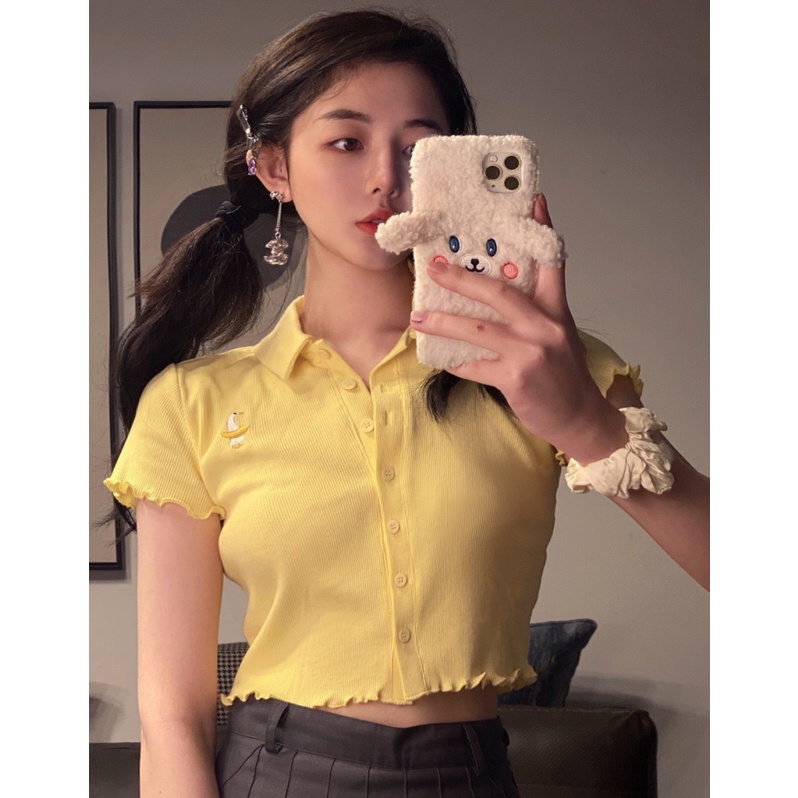 Áo Thun Polo Dệt Kim Tay Ngắn Dáng Rộng Thêu Họa Tiết Xinh Xắn Thời Trang Mùa Hè Phong Cách Hàn Quốc Cho Nữ