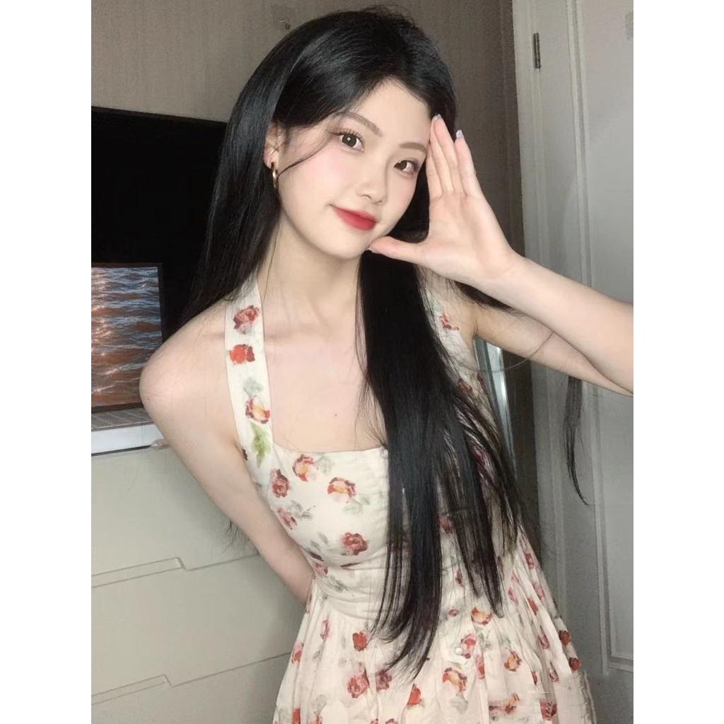 Đầm Hai Dây Họa Tiết Hoa Hồng Phong Cách Pháp Cổ Điển Thời Trang Mùa Hè