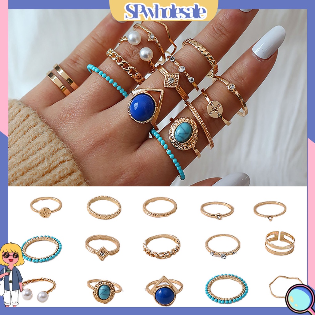 <SPwholesale> Set 15 Nhẫn Đeo Khớp Ngón Tay Đính Ngọc Trai Giả Thời Trang
