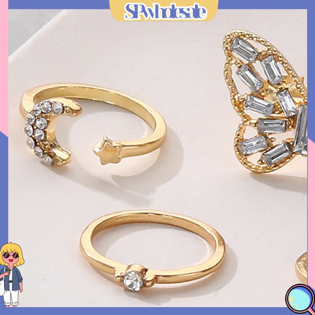 <SPwholesale> Set 5 Nhẫn Đeo Khớp Ngón Tay Họa Tiết Bướm / Mặt Trăng / Ngôi Sao Đính Đá Thời Trang