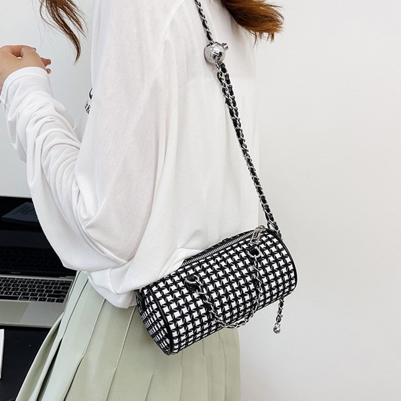 Túi Xách Đeo Vai Vải Bạt Hình Trụ Khóa Kéo Kẻ Sọc Caro Ngọt Ngào Cho Nữ