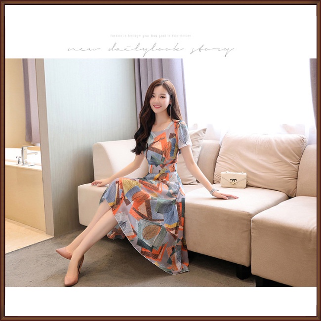 Đầm Tay Ngắn Cổ Tròn Dáng Chữ A In Họa Tiết Độc Đáo Thời Trang Xinh Xắn Cho Nữ