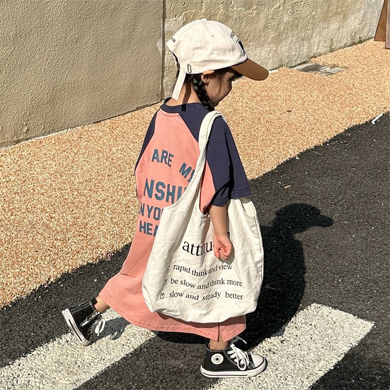 Đầm Thun Cotton Nguyên Chất Ngắn Tay In Chữ Thời Trang Hàn Quốc Mới 2023 Cho Bé Gái