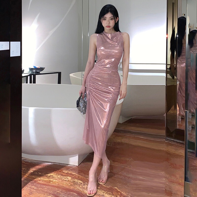 Kliou 2023 Mới Đầm Midi Ôm Dáng Không Tay Xẻ Tà Cao Quyến Rũ Thời Trang Cho Nữ Kliou 2023