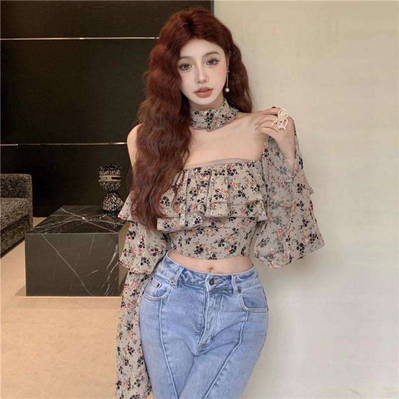 New French flounced floral shirt one-shoulder chiffon long-sleeved shirt off-shoulder sexy short printed shirt