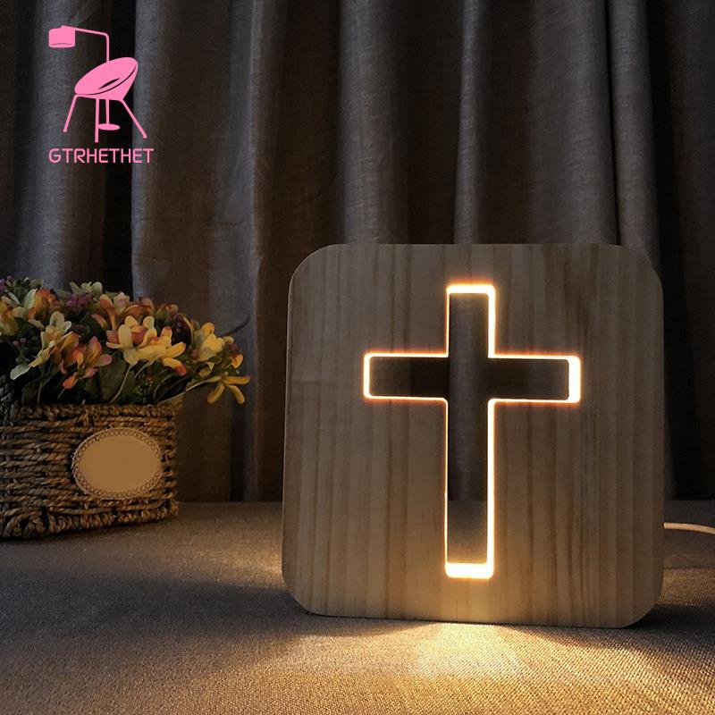 Đèn LED 3D Hình Thánh Giá Bằng Gỗ Để Bàn Kèm Sạc USB Độc Đáo Trang Trí Nhà Cửa