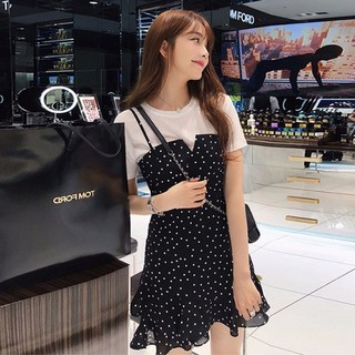 Váy mùa hè sóng chấm voan Sling Dress nữ thời trang phổ biến váy chấm bi hka004