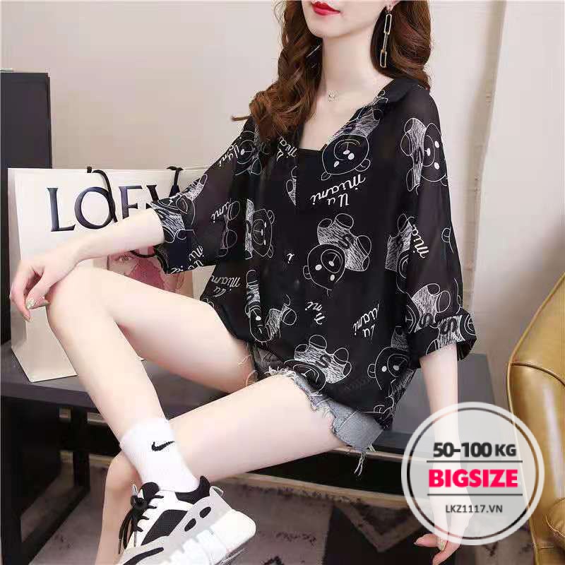 Áo sơ mi Bigsize Áo kiểu nữ form rộng tay ngắn cổ chữ v in hình mùa hè Phong cách Hàn Quốc Thời Trang tiểu thư cá tính xinh đẹp cho người mập béo