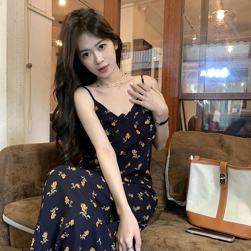 COZOKC Đầm Dài Trung Bình Không Tay Ôm Dáng In Hoa Phiên Bản Hàn Quốc
