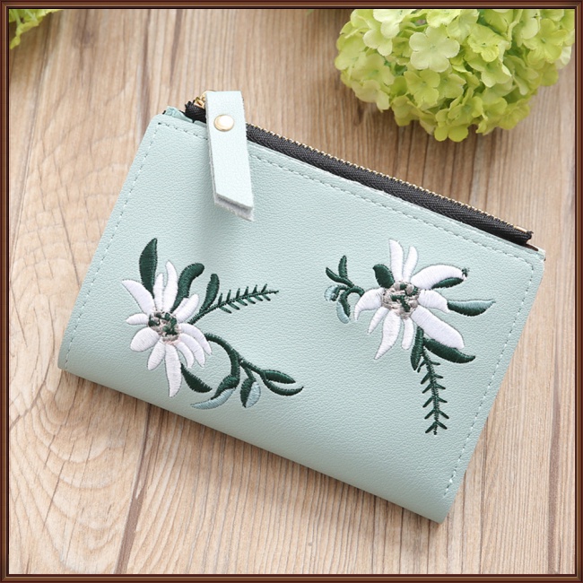 Ví Da Pu Mỏng Có Khóa Kéo Thêu Họa Tiết Xinh Xắn Cho Nữ Giá Đỡ