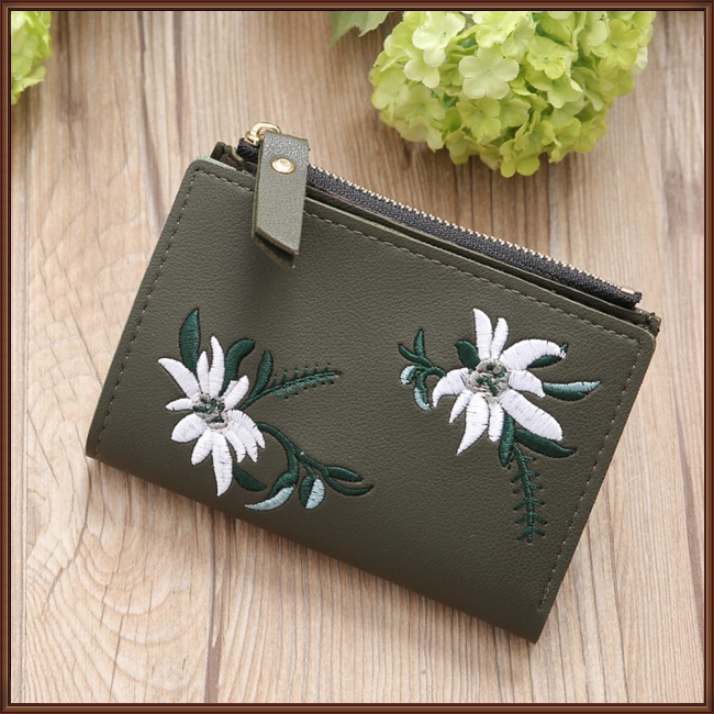 Ví Da Pu Mỏng Có Khóa Kéo Thêu Họa Tiết Xinh Xắn Cho Nữ Giá Đỡ